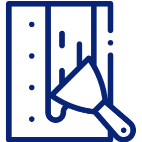 Trowel and wall repair icon, blue outline.