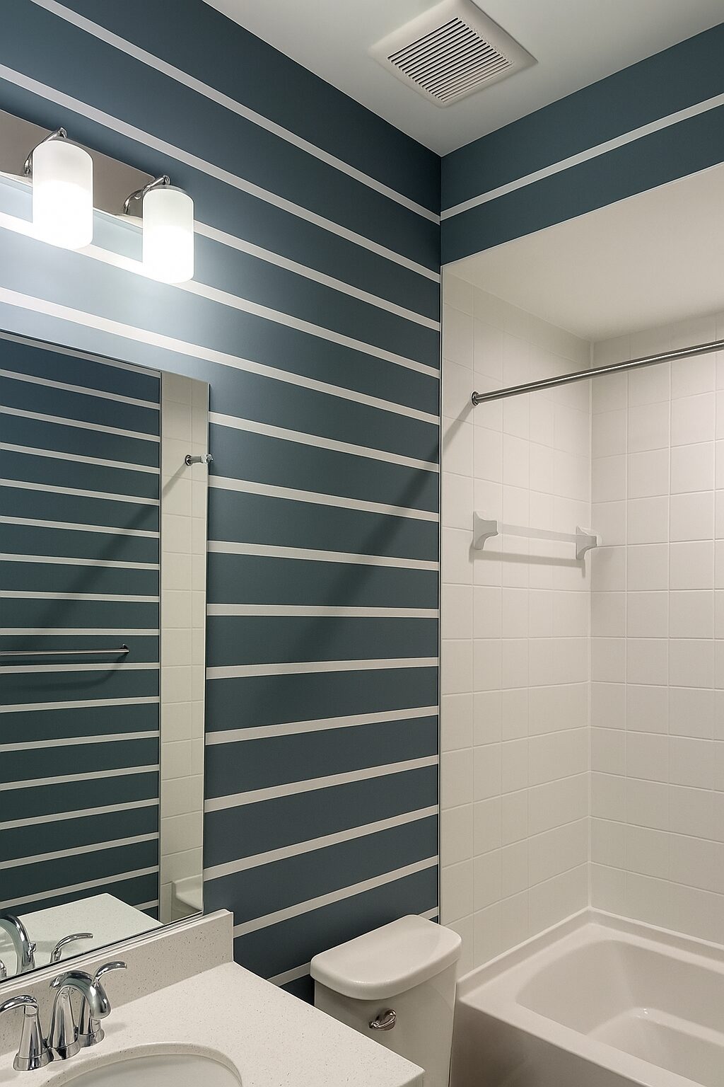 Modern bathroom with striped wall and large mirror.