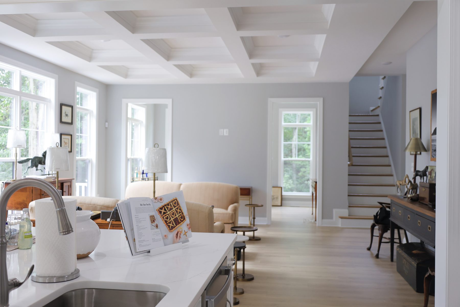 Coffered ceiling in an open living area